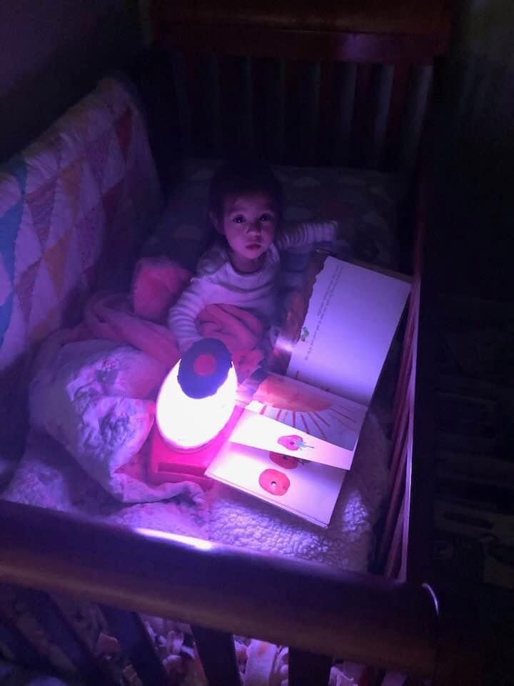 Child reading by nightlight in bed