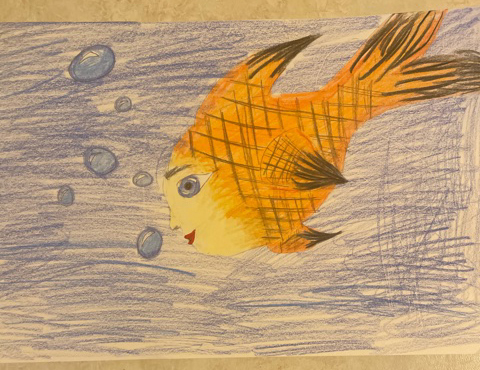 Awful art entry: fish with human face in colored pencil by Gabrielle L (teen)