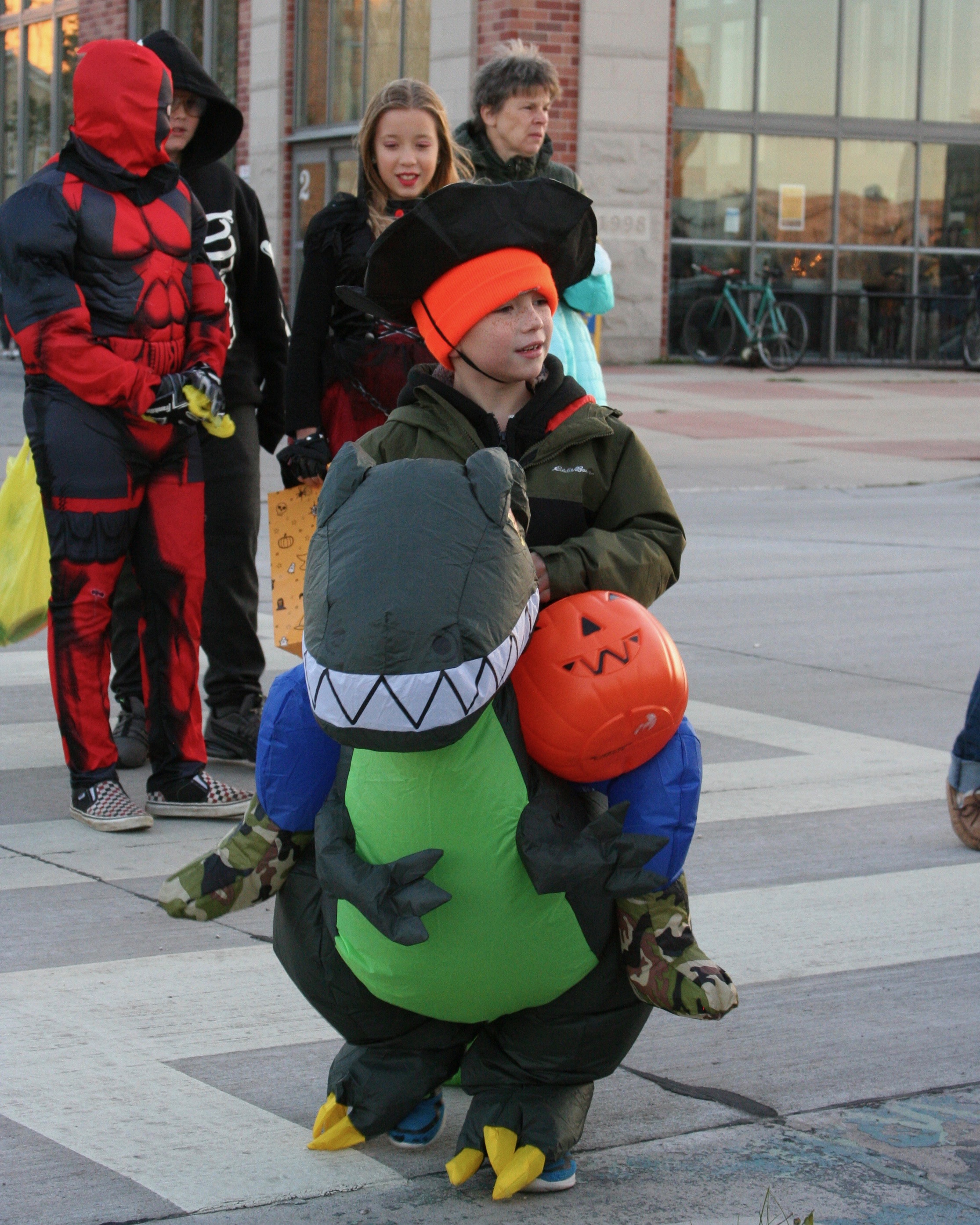 Child wearing "riding a dinosaur" costume