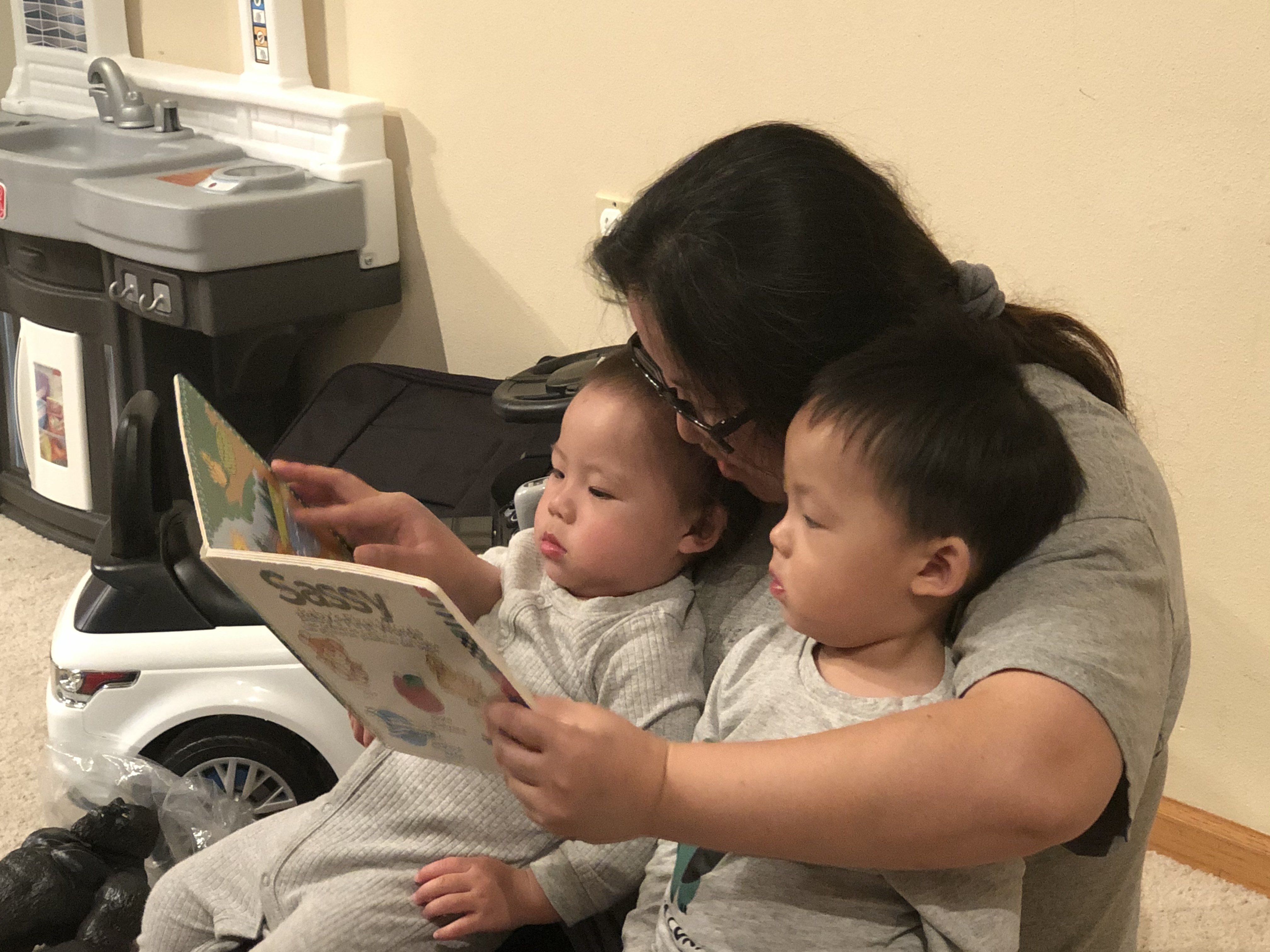 Person reading to two babies in their lap