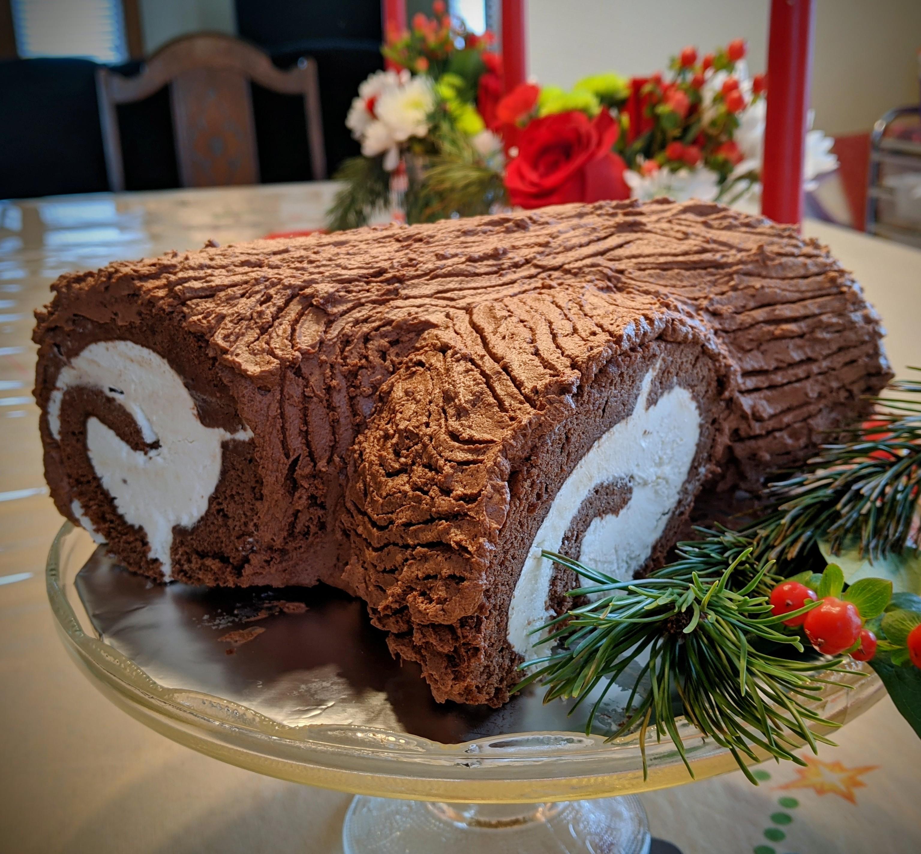 Traditional iced yule log cake