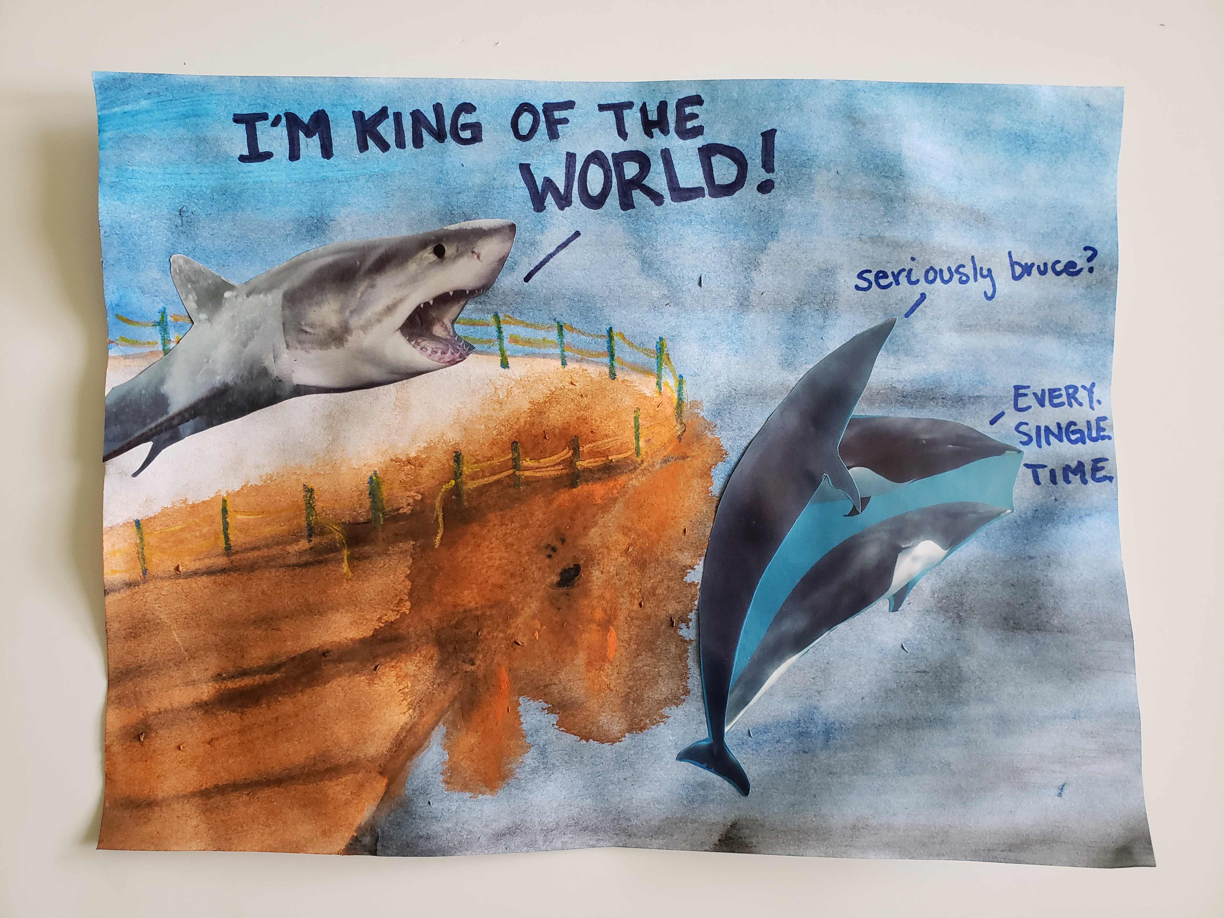 Awful art entry: snarky shark and dolphins in watercolor by Naomi A (adult)