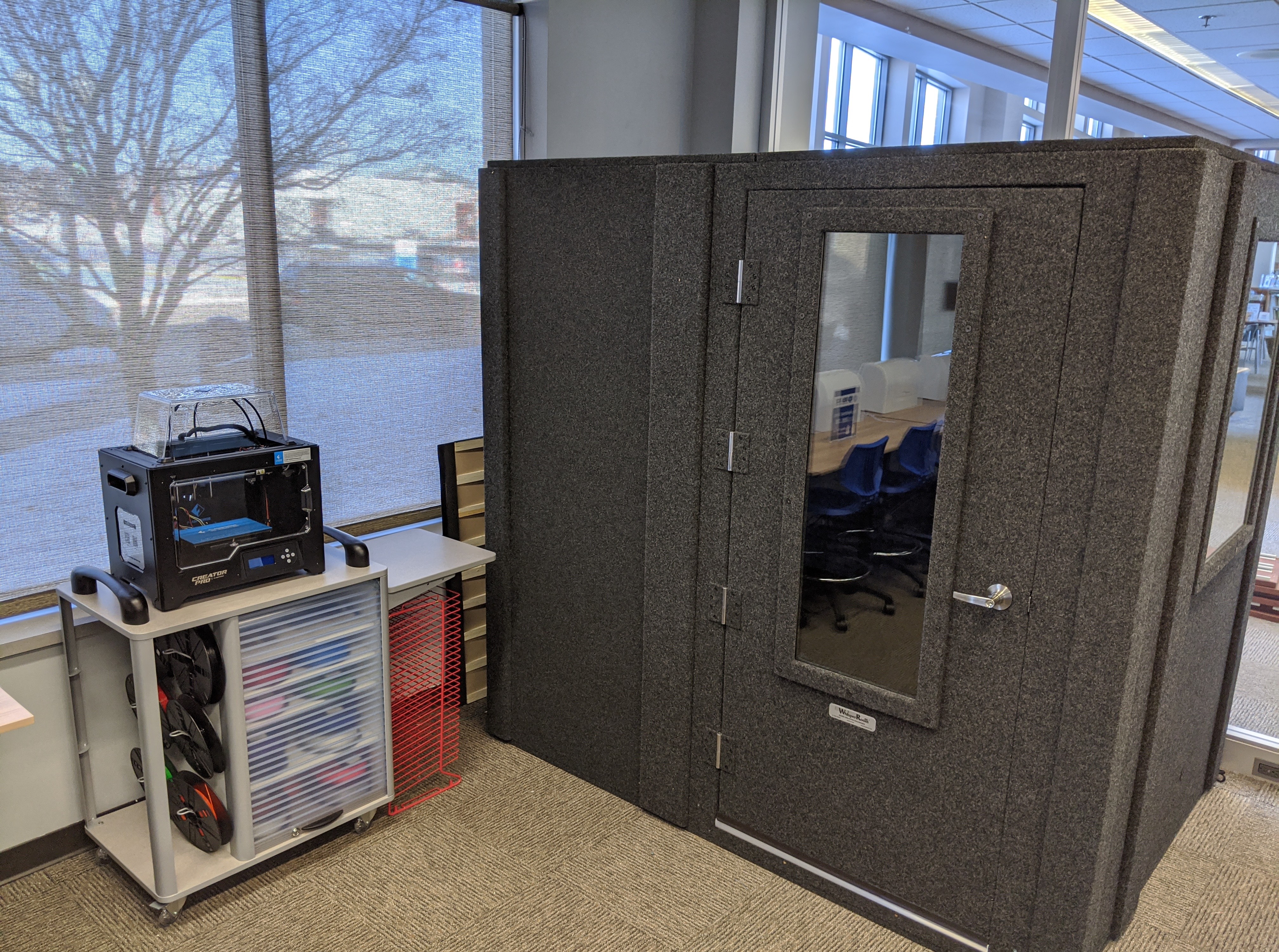 Sound booth and 3D printer stations in Idea Box
