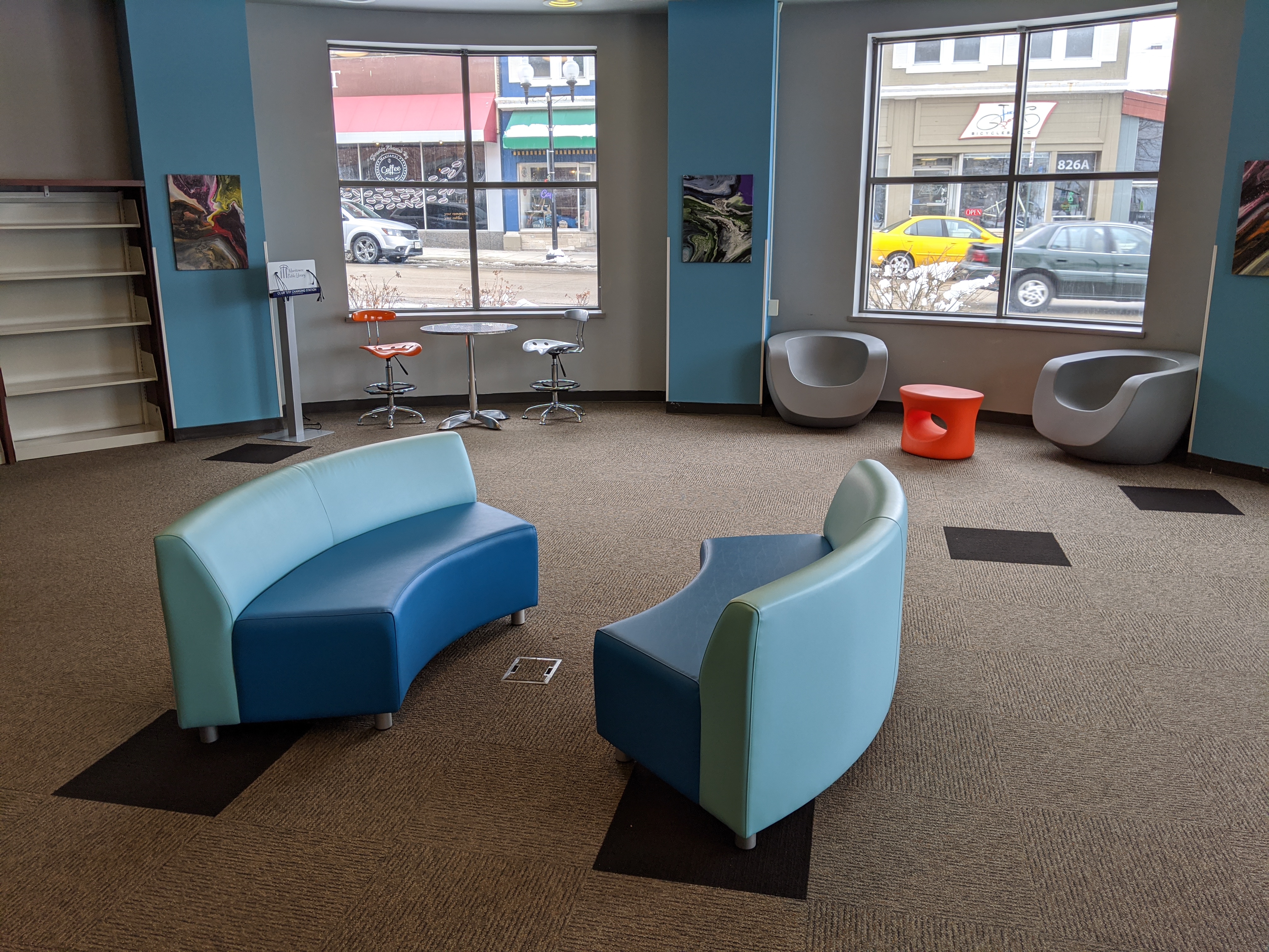 Blue couch sections in teen space