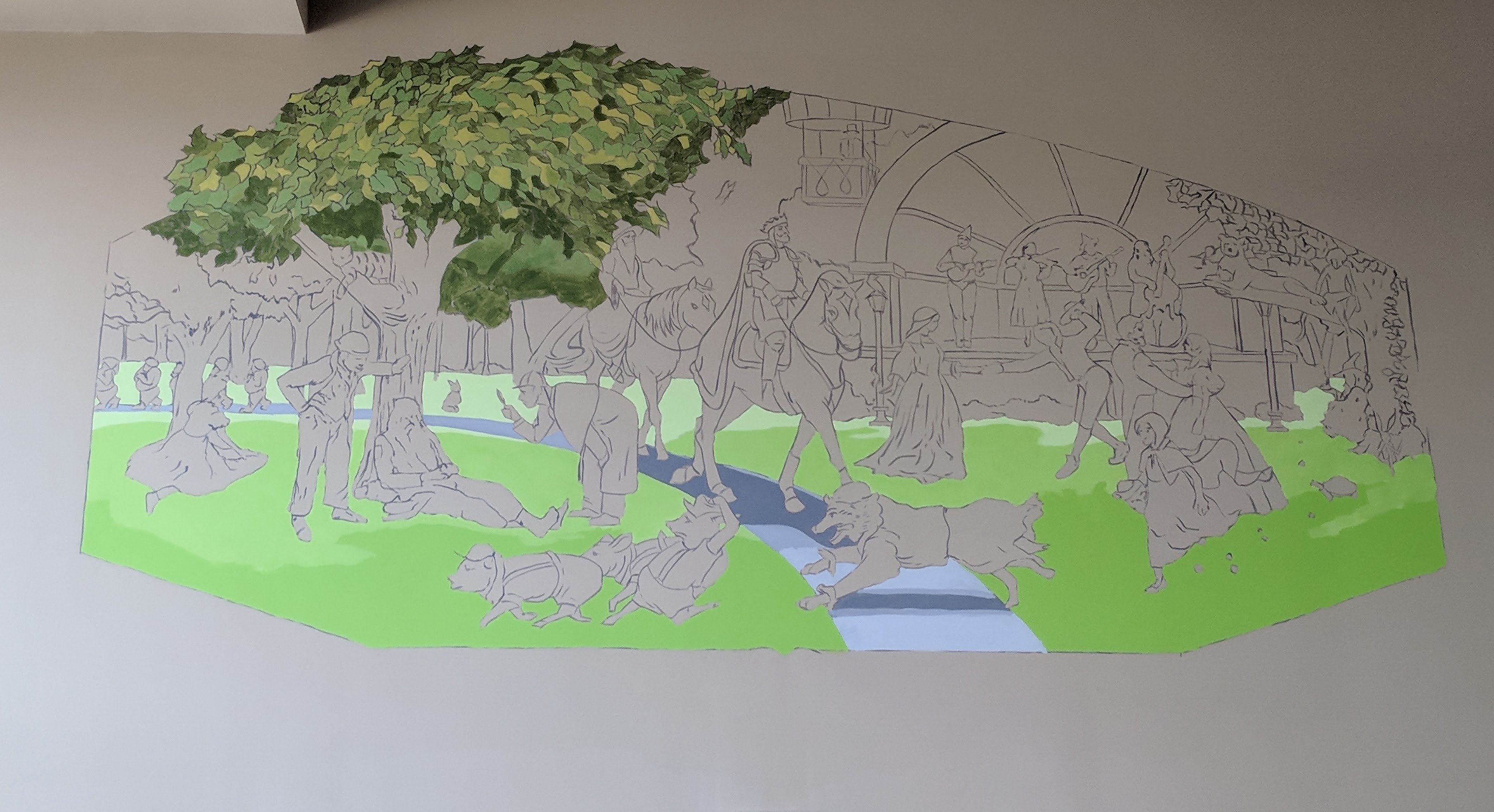 Partially completed mural with tree, grass, and sidewalk elements painted