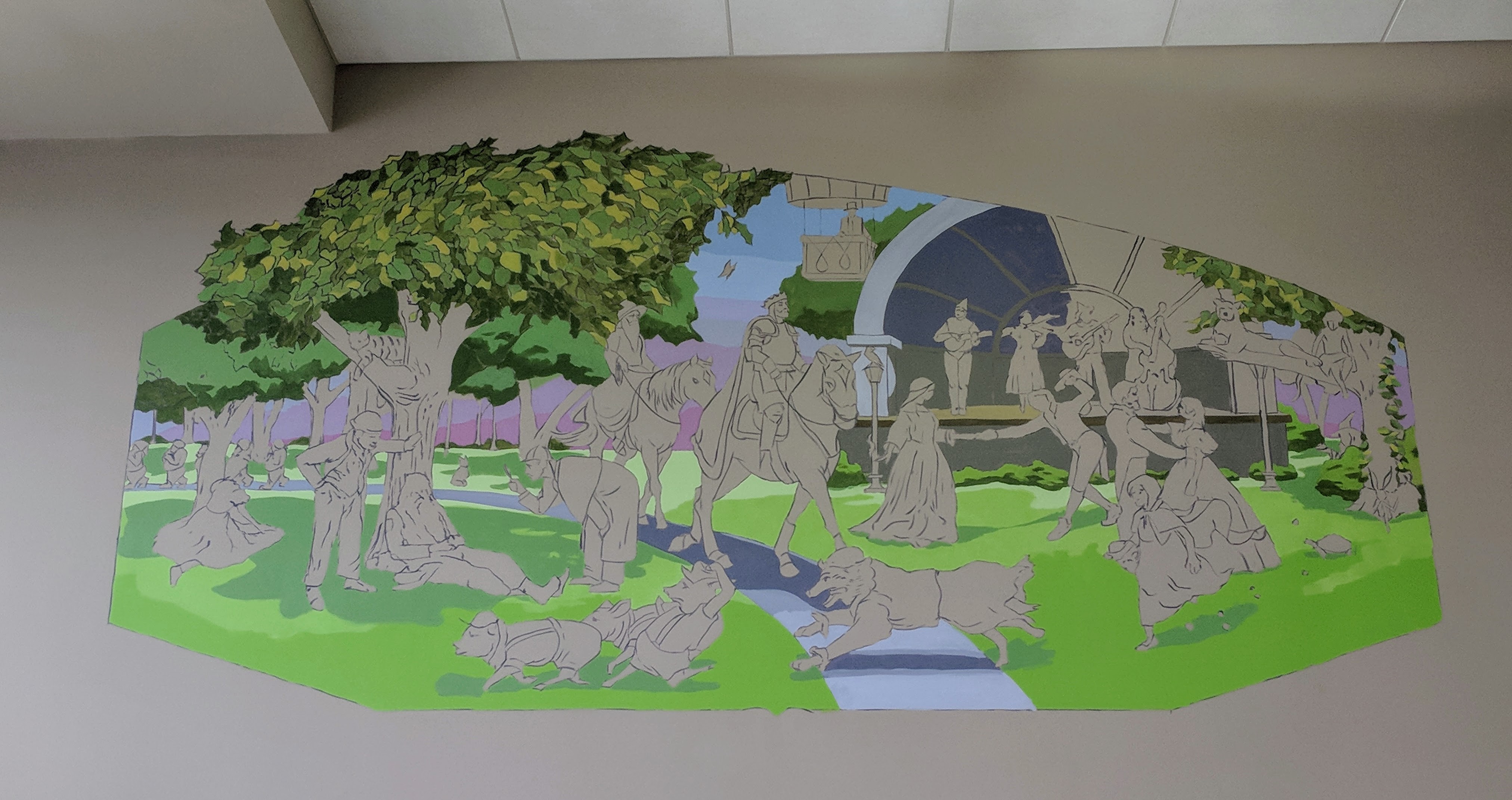 Partially completed mural with background elements painted