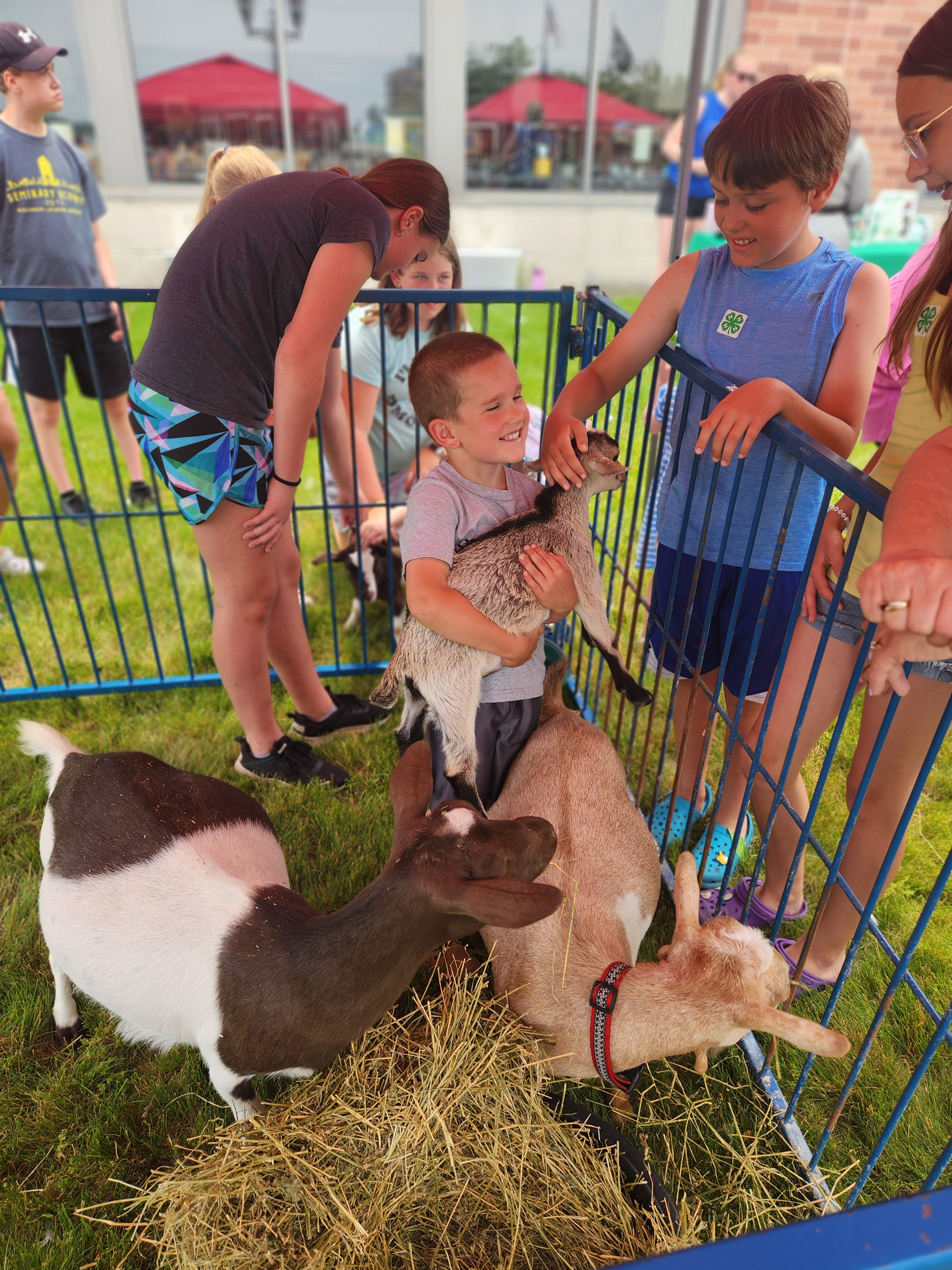 Barnyard Ballyhoo with 4-H event image showing a young boy picking up a baby goat