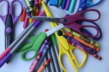 Scissors, crayons, and pens