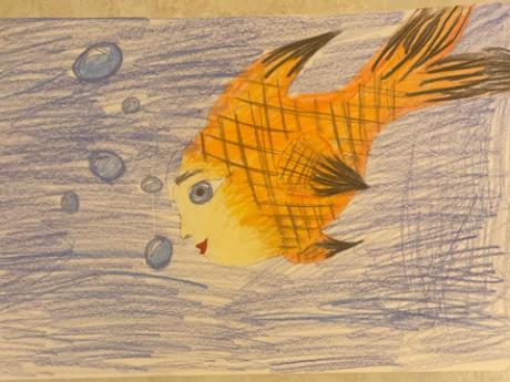 Awful art entry: fish with human face in colored pencil by Gabrielle L (teen)