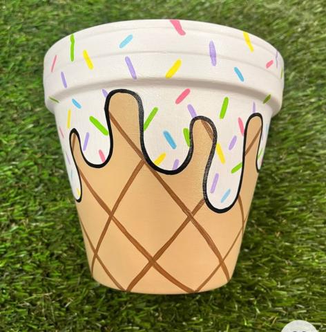Flower pot painted as an ice cream cone.